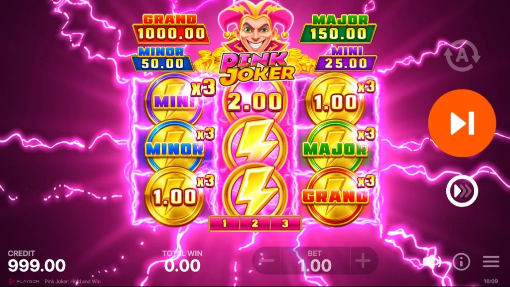 Screenshot of Pink Joker Hold and Win slot with 3x3 grid and fruity symbols