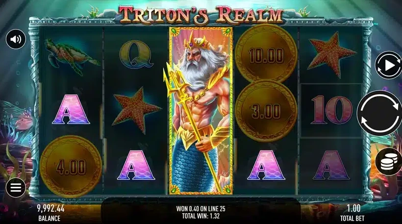 Функция бонусных вращений запускается в игровом автомате Triton's Realm от провайдера Gamebeat.