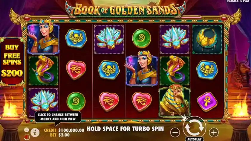 Бонусная активация запускается в игре Book of Golden Sands, где используются расширяющиеся барабаны.