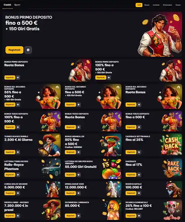 Pagina bonus di Spin Macho Casino con offerte di benvenuto, giri gratuiti e promozioni attive